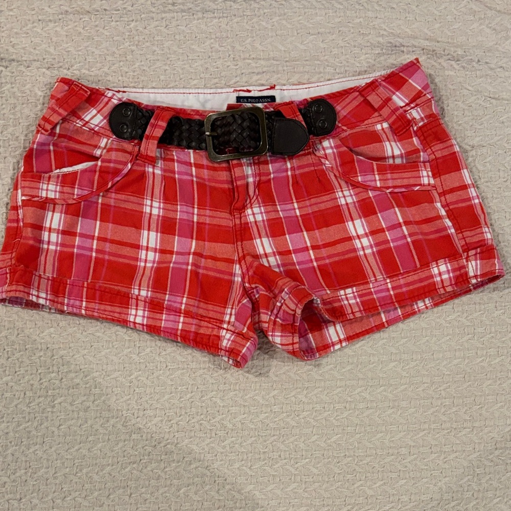 U.S. Polo Assn. Orange and Pink Plaid Cotton Shorts with Belt